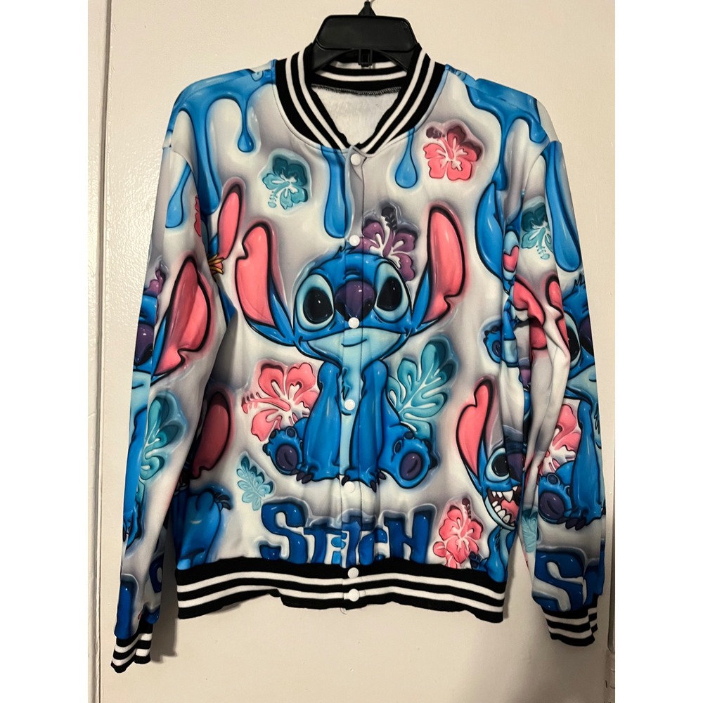 Disney Lilo & Stitch Airbrush Slime‎ All Over Print Bomber Jacket Blue White